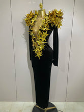 2025 New Shiny Gold Star Rhinestone Velvet Long Dress Women Evening Birthday Party Club Gala Hosts NightClub Bar Stage Costumes